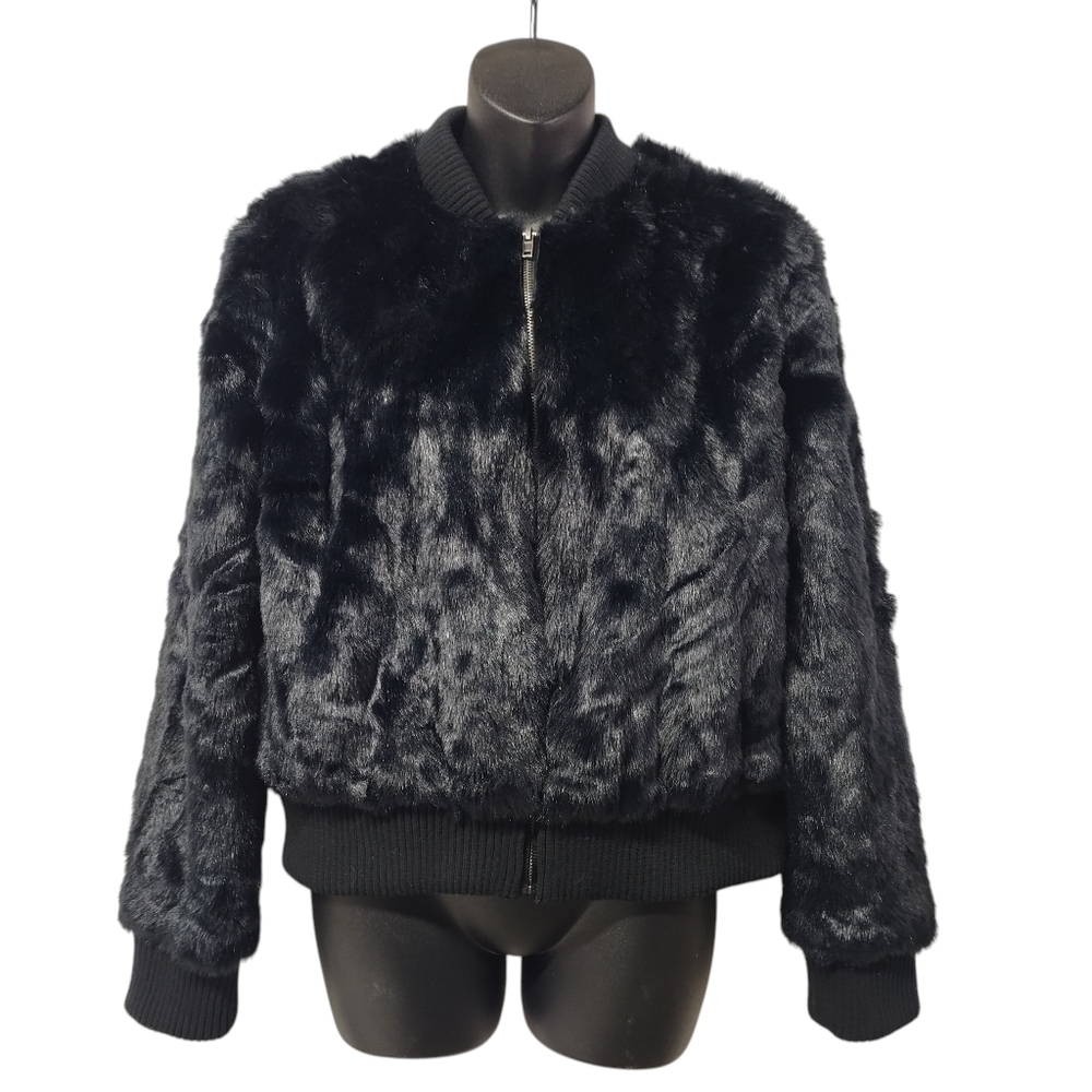 cupcakes and cashmere Faux Fur Bomber Jacket Black Size Medium Zip Up Shag